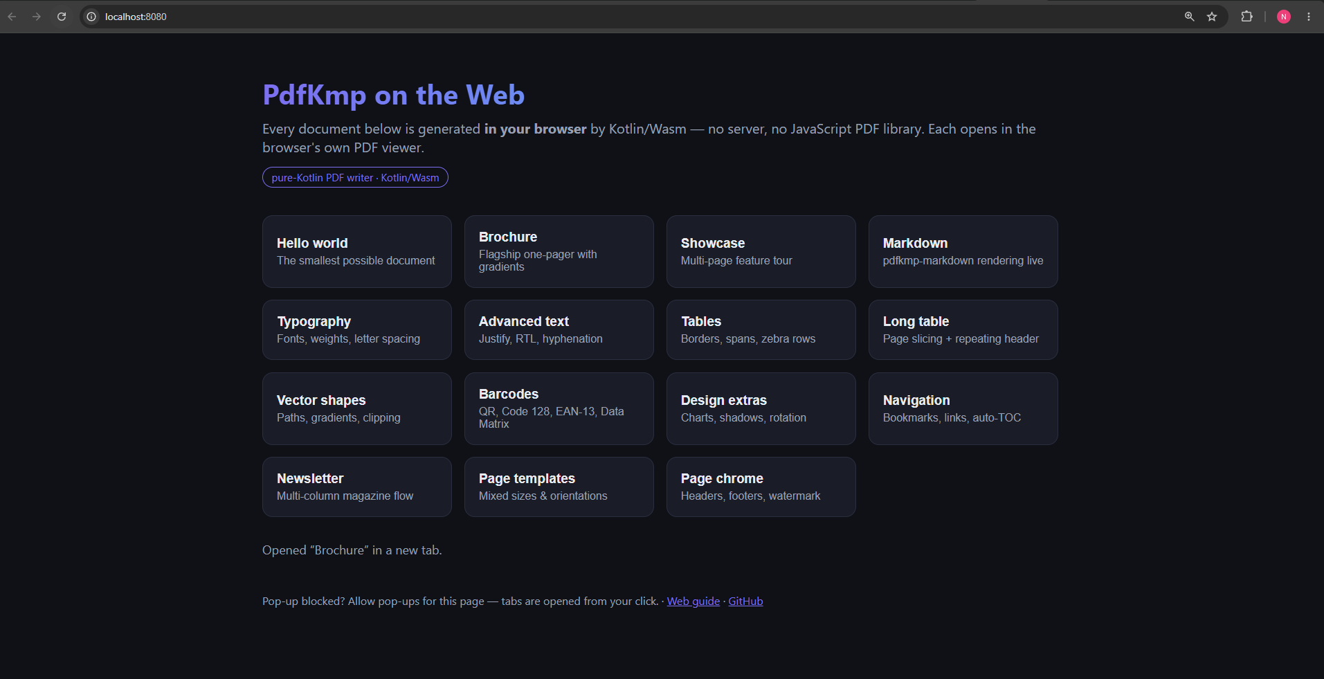 The PdfKmp web sample running in the browser — every document generated in-page by Kotlin/Wasm